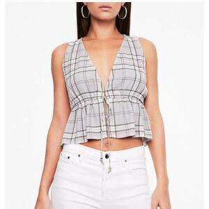 AFRM Tank Top Womens Small Grey Plaid Maiden Tie Front Peplum Crop Top Cowgirl